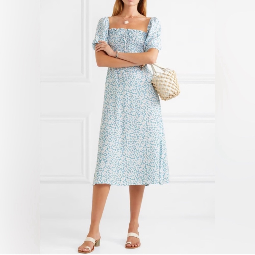 Faithfull the brand blue and white floral midi dress size small